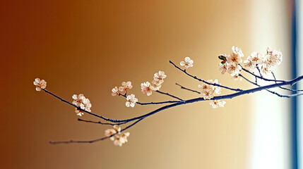 Poster - Delicate Pink Cherry Blossoms Bloom Softly Against a Warm Neutral Background in Springtime Beauty