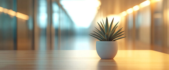 Poster - A modern indoor scene featuring a potted plant on a wooden table with a blurred office background, symbolizing calmness, productivity, and nature in a contemporary workspace.