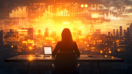 Poster - Woman sitting at a desk working on a laptop with a cup of coffee and notepad in a modern office environment