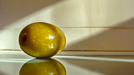 Aufkleber - Single Green Olive Captures Light and Reflection on a Glossy Surface in a Serene Setting