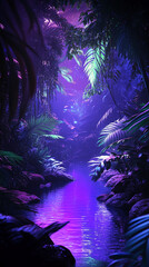 Fototapete - A vibrant and mystical jungle with glowing purple and blue plants and a calm river, evoking a magical and serene atmosphere deep in the tropical rainforest.