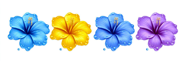 Poster - Colorful Hibiscus Flower Design in Vibrant Blue, Yellow, and Purple on a Clean White Background