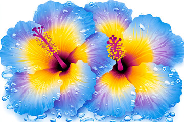 Poster - Vivid Hibiscus Flowers in Blue, Yellow, and Purple Hues Create a Stunning Vector Art Design