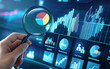 © Macrostock - Digital and internet marketing analytics. Statistics data of market and customer research. Magnifying circle chart and graphs.