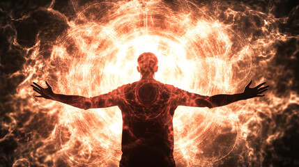 Poster - Man standing in front of large fireball with flames and smoke in outdoor setting