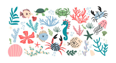  Set stickers with sea animals fish and corals. Cartoon underwater set. Ocean plants, whale, shark. Retro doodle groovy design