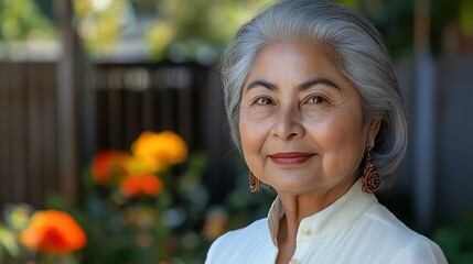 A woman with gray hair and traditional attire smiles gently in a lush garden, surrounded by bright flowers under clear blue skies while soft sunlight illuminates her features