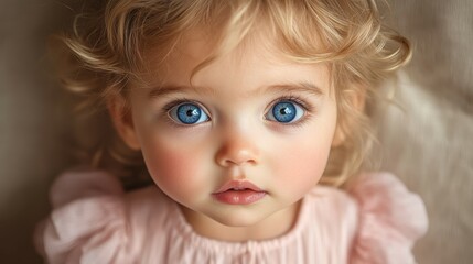 Wall Mural - A young girl with beautiful blue eyes and curly blonde hair sits quietly, looking intensely into the camera. She wears a soft pink outfit, radiating innocence and charm in a cozy indoor setting