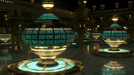 Poster - Large illuminated building at night featuring a prominent lantern on display