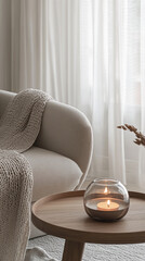 Poster - A cozy home scene featuring a lit candle on a wooden table next to a comfortable sofa with a soft knitted blanket, symbolizing warmth and tranquility in a serene interior space.
