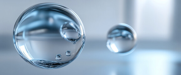 Poster - Close-up image of transparent water droplets floating on a smooth surface, symbolizing purity, clarity, and freshness with a focus on liquid dynamics and reflections.