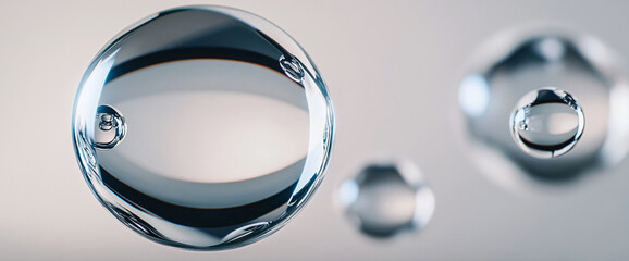 Poster - Close-up image of water droplets in mid-air, reflecting light and floating on a smooth surface, symbolizing purity, clarity, and the beauty of natureâ€™s simplicity.