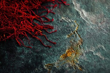 Wall Mural - Close-up of vibrant red saffron threads scattered on a dark, textured surface.