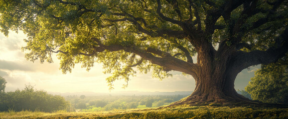 Aufkleber - A majestic tree with a large trunk and wide-reaching branches, surrounded by vibrant green grass, bathed in warm sunlight, symbolizing strength, growth, and tranquility.