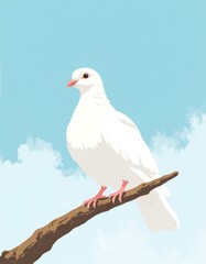 Wall Mural - Elegant White Dove Perched on Wooden Branch, Minimalist Flat Color Illustration, Copyspace, Serene Blue Sky Background