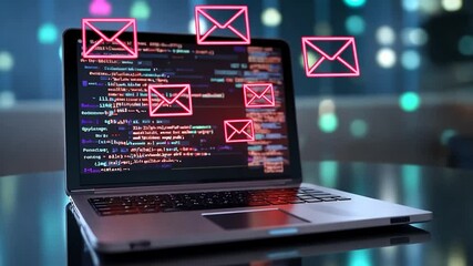 Laptop displaying emails, code, city night
