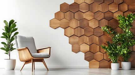 Wall Mural - Hexagon wall on white room with arm chair and decoration plants