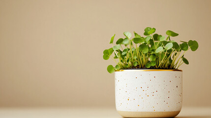 Poster - Close-up of a small green plant growing in a white speckled pot, symbolizing growth, nature, and sustainability, with a soft beige background for a peaceful, minimalistic look.