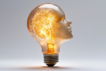 A glowing lightbulb shaped like a head symbolizes innovative thinking and bright ideas.