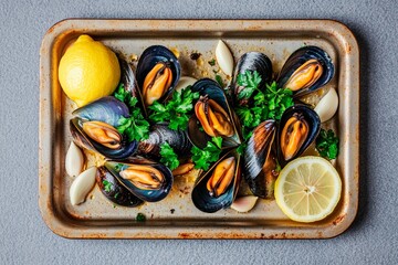 Wall Mural - A tray filled with vibrant mussels garnished with fresh parsley, lemon wedges, and whole garlic cloves. This dish is ideal for a seafood lover's meal, showcasing freshness