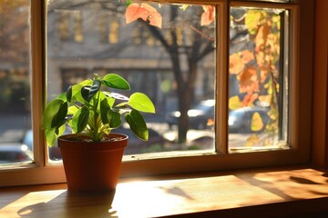 Wall Mural - Bright green houseplant basking in sunlight near a window during the afternoon in a tranquil indoor setting