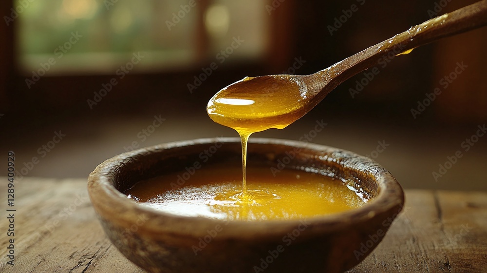 Spoon dripping with golden ghee, a clarified butter used in south asian ...