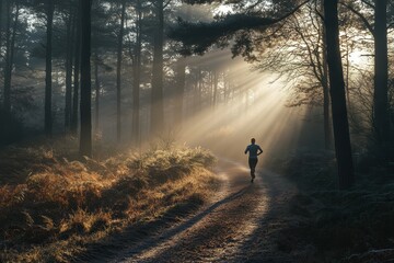Aufkleber - Runner experiences misty morning sunlight filtering through trees on a tranquil forest trail