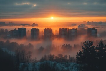 Fototapete - Striking sunrise over a snowy city skyline with fog and colorful clouds on a winter morning