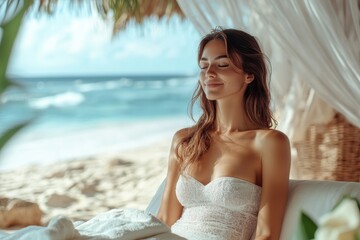 Poster - Relaxing by the tropical beach under a thatched roof enjoying sun and ocean breeze in a serene coastal location