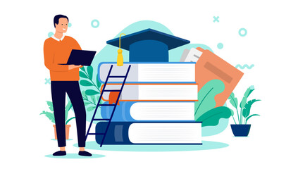 Leinwandbilder - Male student with laptop - Young adult man standing with educational school books using computer and studying or learning online. Flat design vector illustration on white background