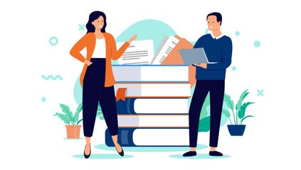 Leinwandbilder - Two people studying - Adult man and woman students taking education standing in front of school books ready for lecture or course. Flat design vector illustration on white background