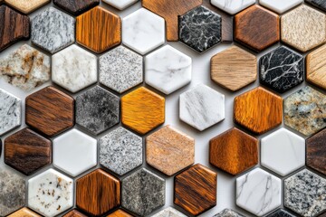 Poster - Unique hexagonal tiles with diverse textures and materials create an eye-catching surface in a modern design setting
