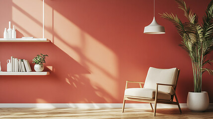 Poster - Minimalist living room with a cozy armchair, white shelf with books, and a green plant against a terracotta wall, showcasing a peaceful and modern interior design concept.