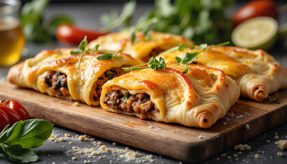 Wall Mural - Golden calzone with garlic butter in inviting kitchen setting, culinary delight