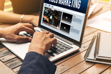 Poster - video marketing concept on laptop screen. video marketing advertising business on social media and i