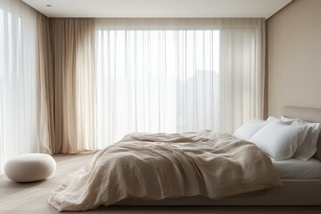 Poster - Relaxing bedroom with soft sunlight filtering through sheer curtains in a modern home setting