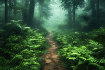 Aufkleber - Lush green pathway through a misty forest filled with ferns on an early summer morning in a tranquil natural setting