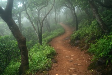 Aufkleber - Lush green pathway through a misty forest filled with ferns on an early summer morning in a tranquil natural setting