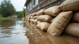 Sandbags Protecting Houses from Flood and Flooding, Flooded Street, Torrential Rains and Hurricane Storm Cyclone Caused by Climate Change, Global Warming, Natural Disaster, Extreme Weather Conditions
