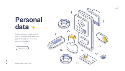 Fototapete - Personal data security web banner template. Various tech elements and devices are illustrated, promoting awareness of online privacy. Vector isometric illustration