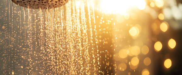Poster - Shower with flowing water illuminated by warm golden sunlight, creating a soft and refreshing atmosphere, with droplets glistening against the light, representing relaxation and freshness.