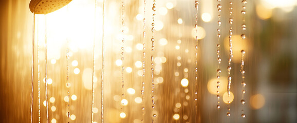 Poster - Close-up of a showerhead with water droplets cascading in warm sunlight, creating a beautiful bokeh effect in the background, symbolizing refreshment, cleanliness, and relaxation.