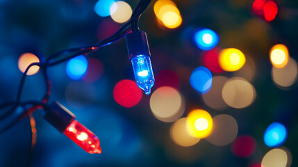 Aufkleber - Close-up view of colorful Christmas string lights glowing in vibrant hues of red, blue, and yellow, showcasing the festive atmosphere and holiday spirit.