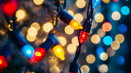 Poster - Close-up of Christmas lights in red, yellow, and blue glowing against a blurred background, creating a vibrant, festive atmosphere with bokeh lights.