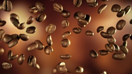 Aufkleber - Super Slow Motion of Falling Coffee Beans. Filmed on High Speed Cinema Camera, 1000 fps. Blur Kitchen Industrial Interior on Background.