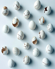 Poster - Artistic Arrangement of Broken Eggshells Showcasing Fragility and Minimalism in a Creative Display