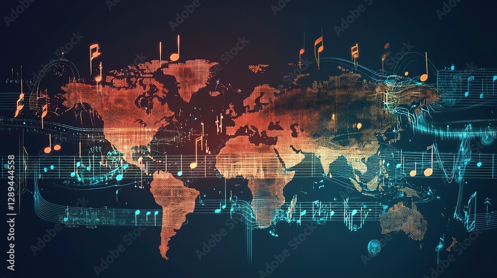 World map featuring musical notes connecting different continents and ...