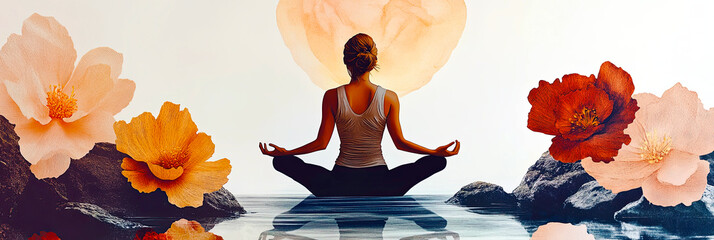 Poster - Yoga by Tranquil Water, Surrounded by Colorful Blossoms and Serene Light