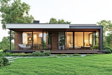 Poster - Modern house design with large windows and landscaped garden in bright daylight showcasing contemporary architecture