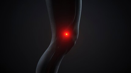 Glowing red spot on knee joint highlighted in silhouette against a dark background